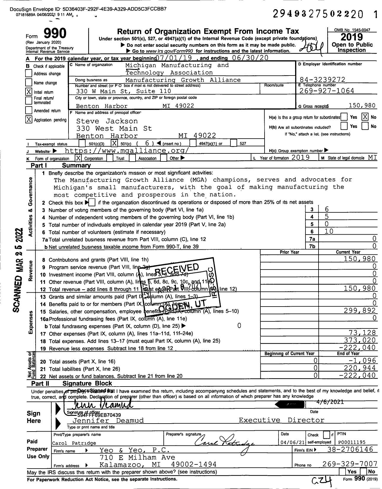 Image of first page of 2019 Form 990O for Manufacturing Growth Alliance