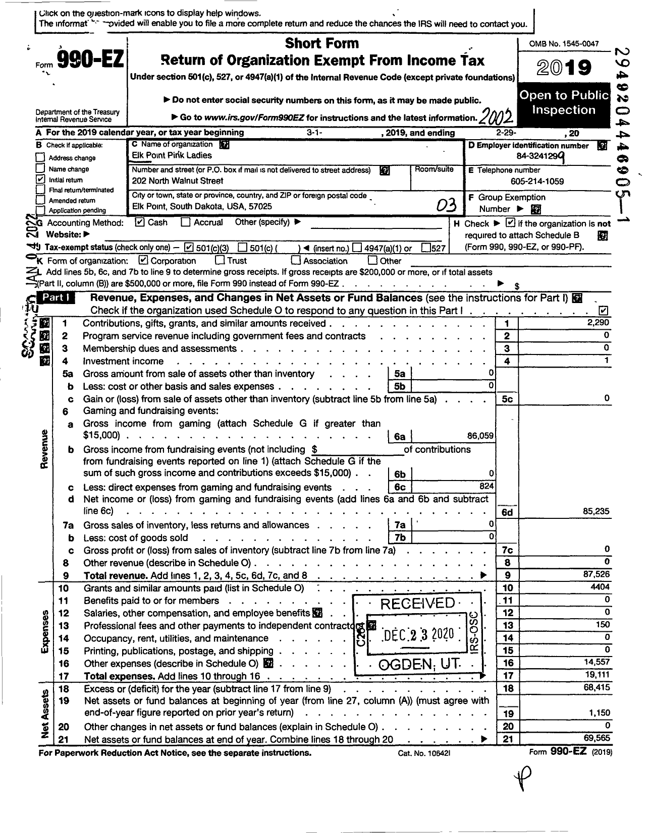 Image of first page of 2019 Form 990EZ for Elk Point Pink Ladies