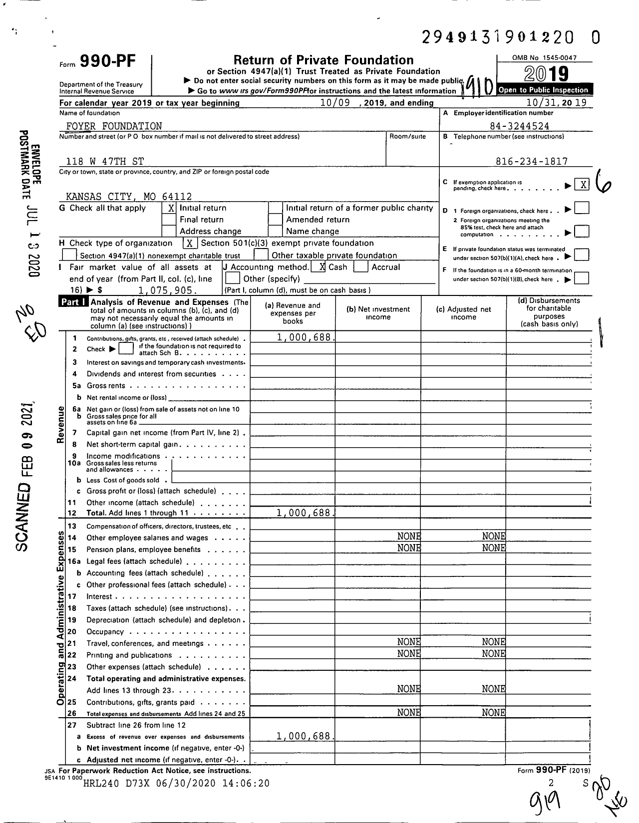 Image of first page of 2018 Form 990PF for Foyer Foundation