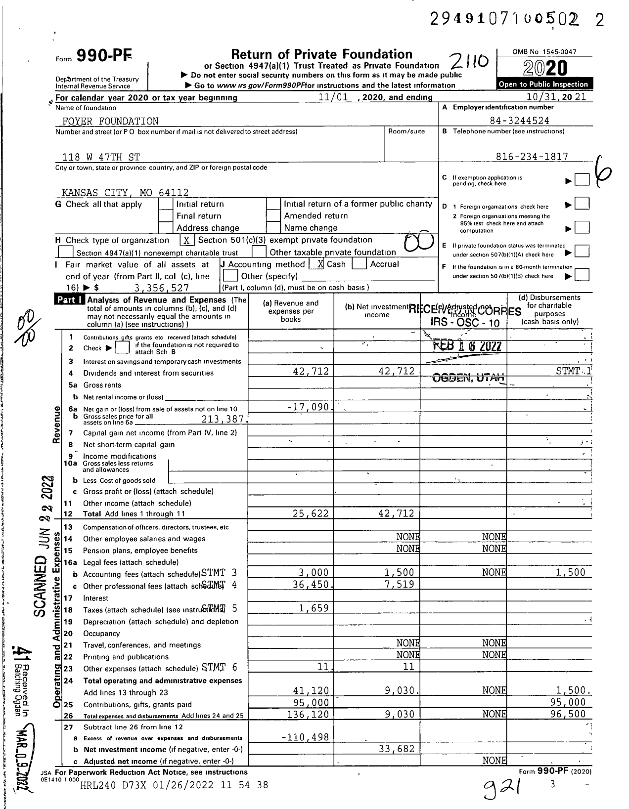 Image of first page of 2020 Form 990PF for Foyer Foundation