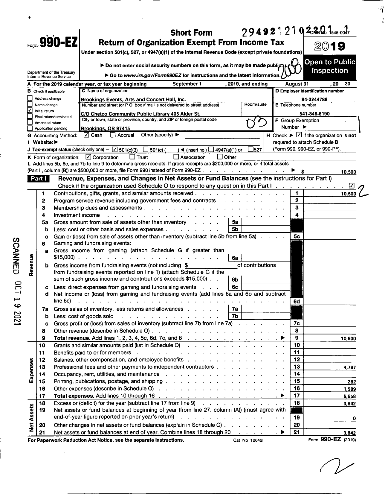 Image of first page of 2019 Form 990EZ for Brookings Events Arts and Concert Hall Incorporated