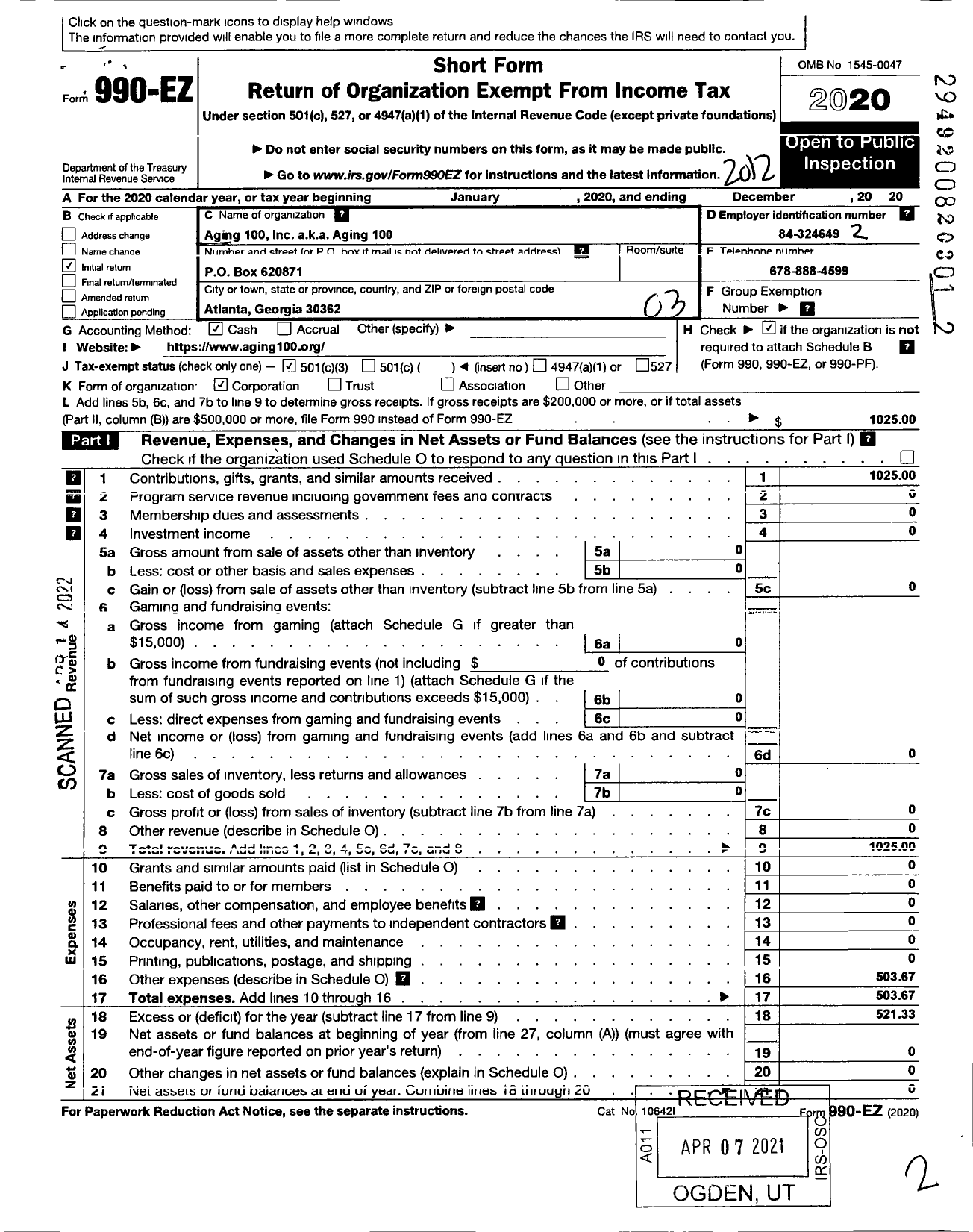 Image of first page of 2020 Form 990EZ for Aging 100