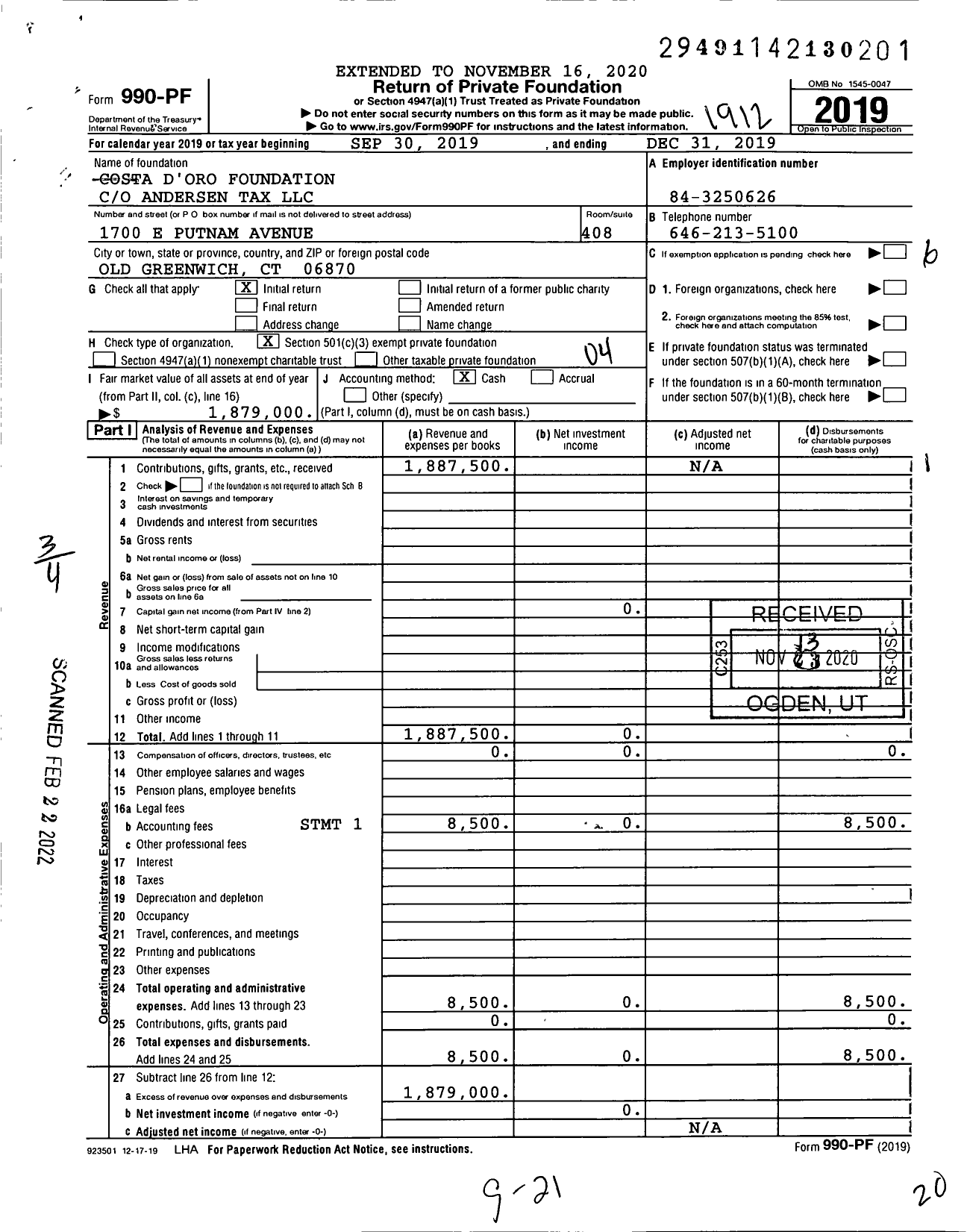 Image of first page of 2019 Form 990PF for Costa Doro Foundation