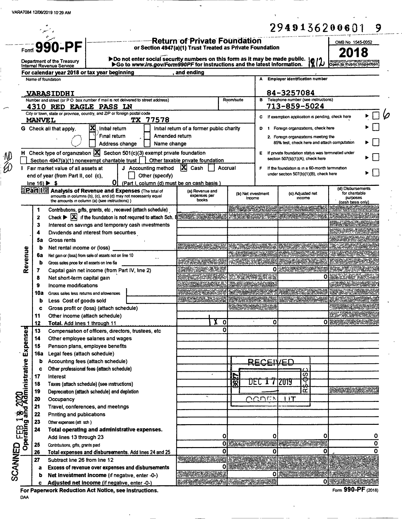 Image of first page of 2018 Form 990PF for Varasiddhi