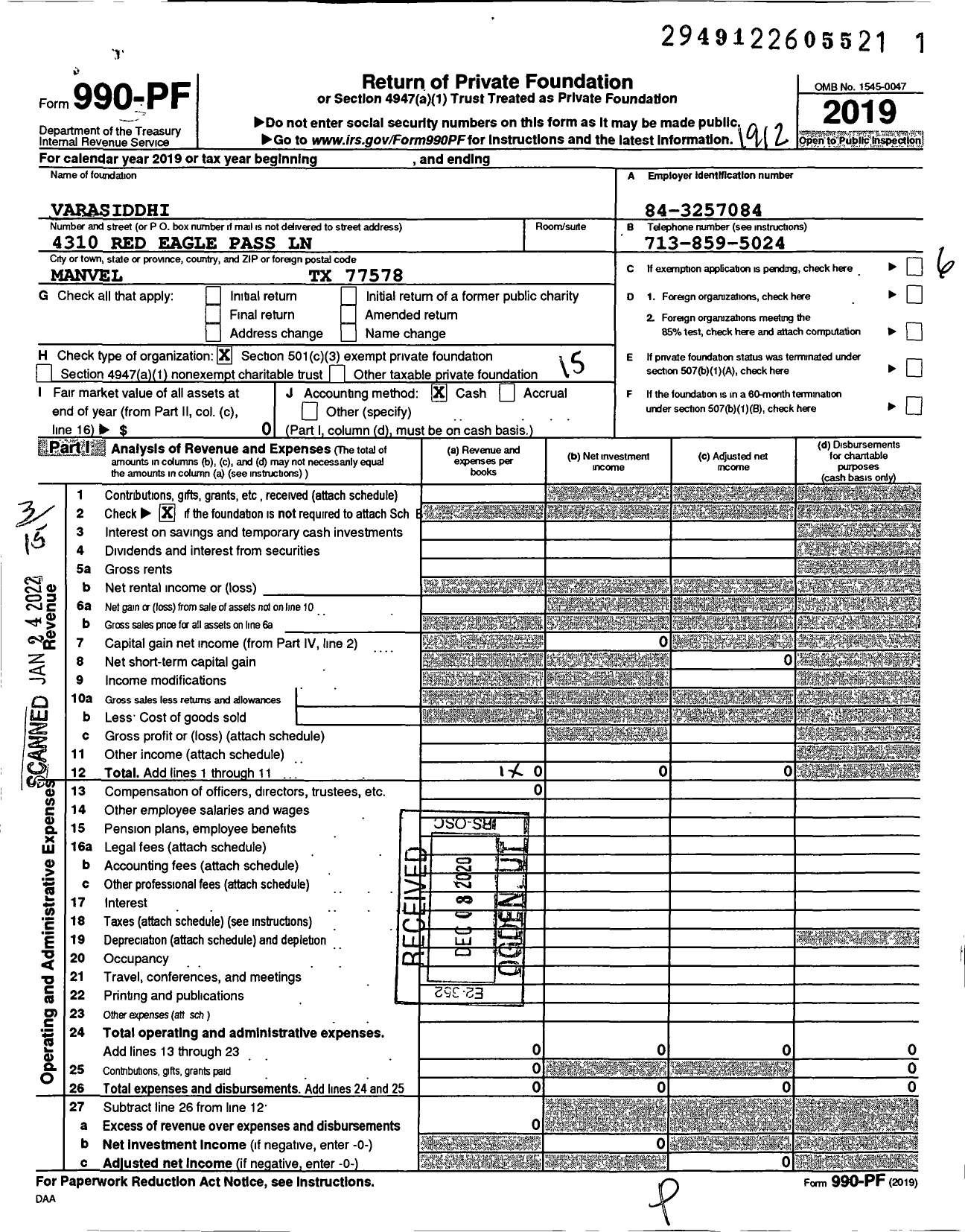 Image of first page of 2019 Form 990PF for Varasiddhi