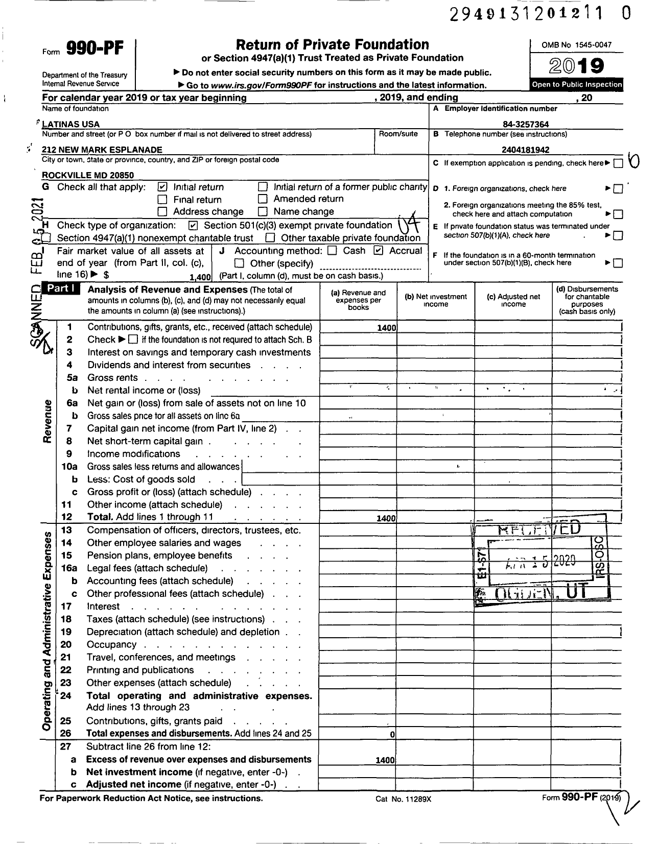 Image of first page of 2019 Form 990PF for Latinas USA