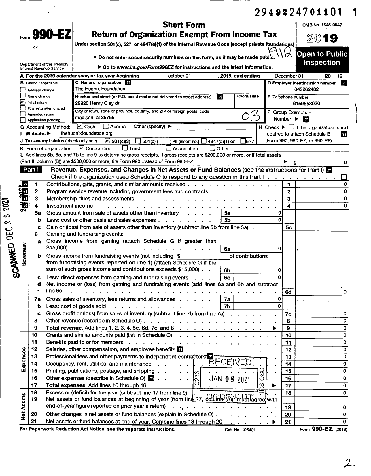 Image of first page of 2019 Form 990EZ for Huonix Foundation