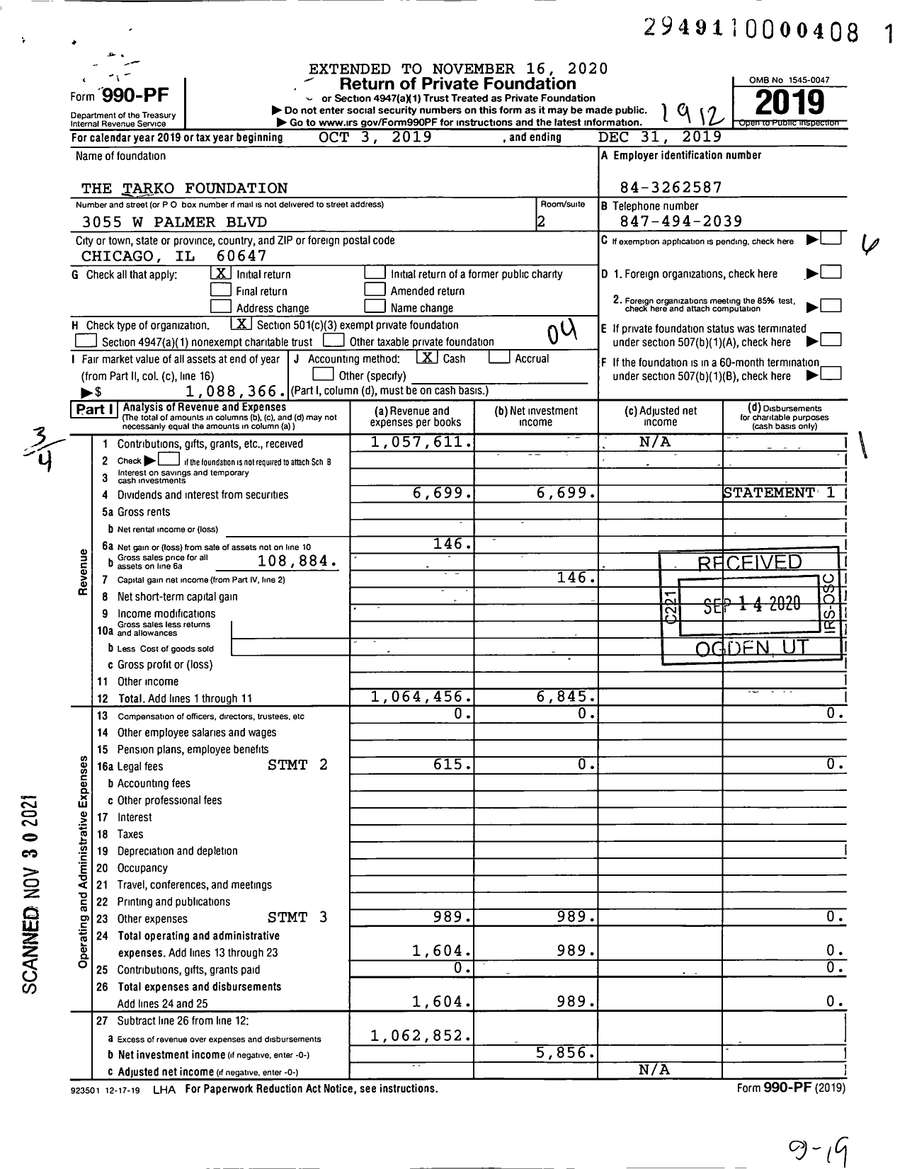 Image of first page of 2019 Form 990PF for The Tarko Foundation