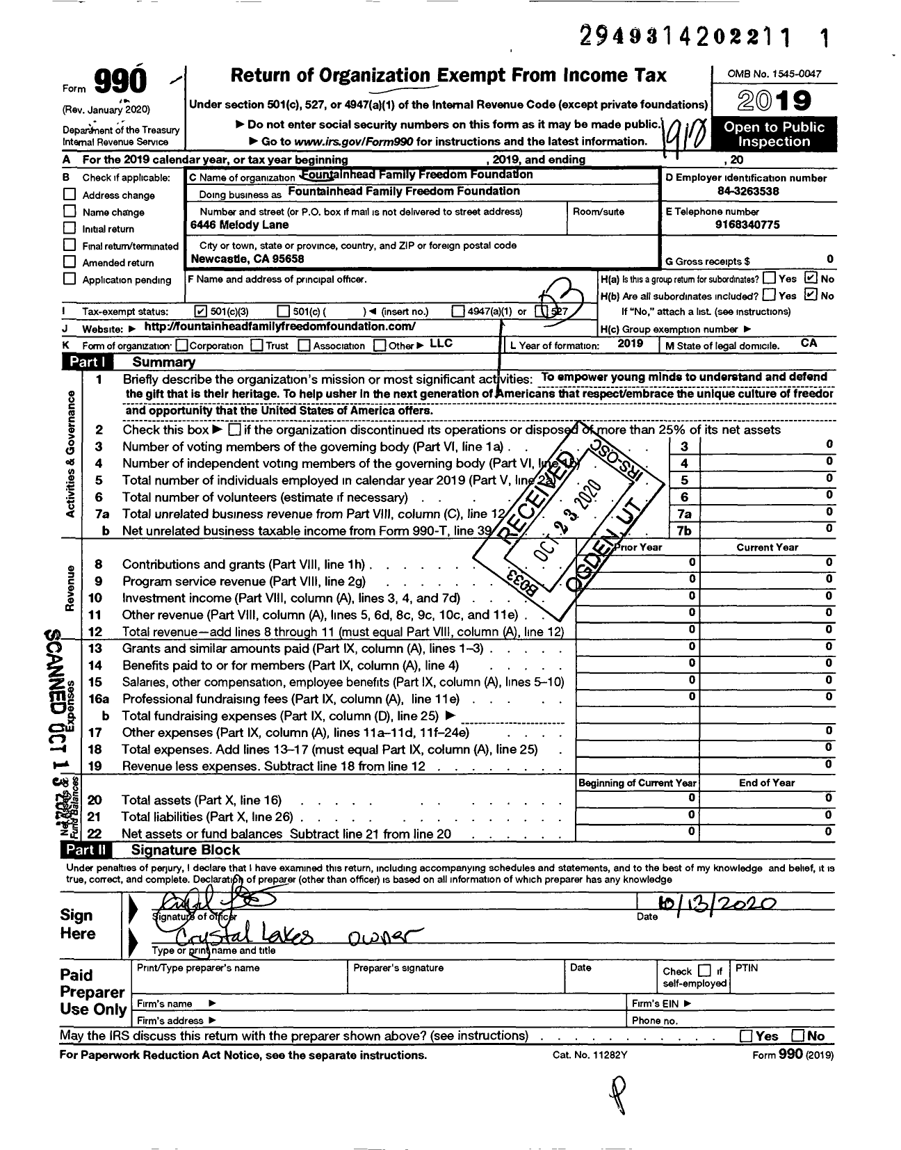 Image of first page of 2019 Form 990 for Fountainhead Family Freedom Foundation