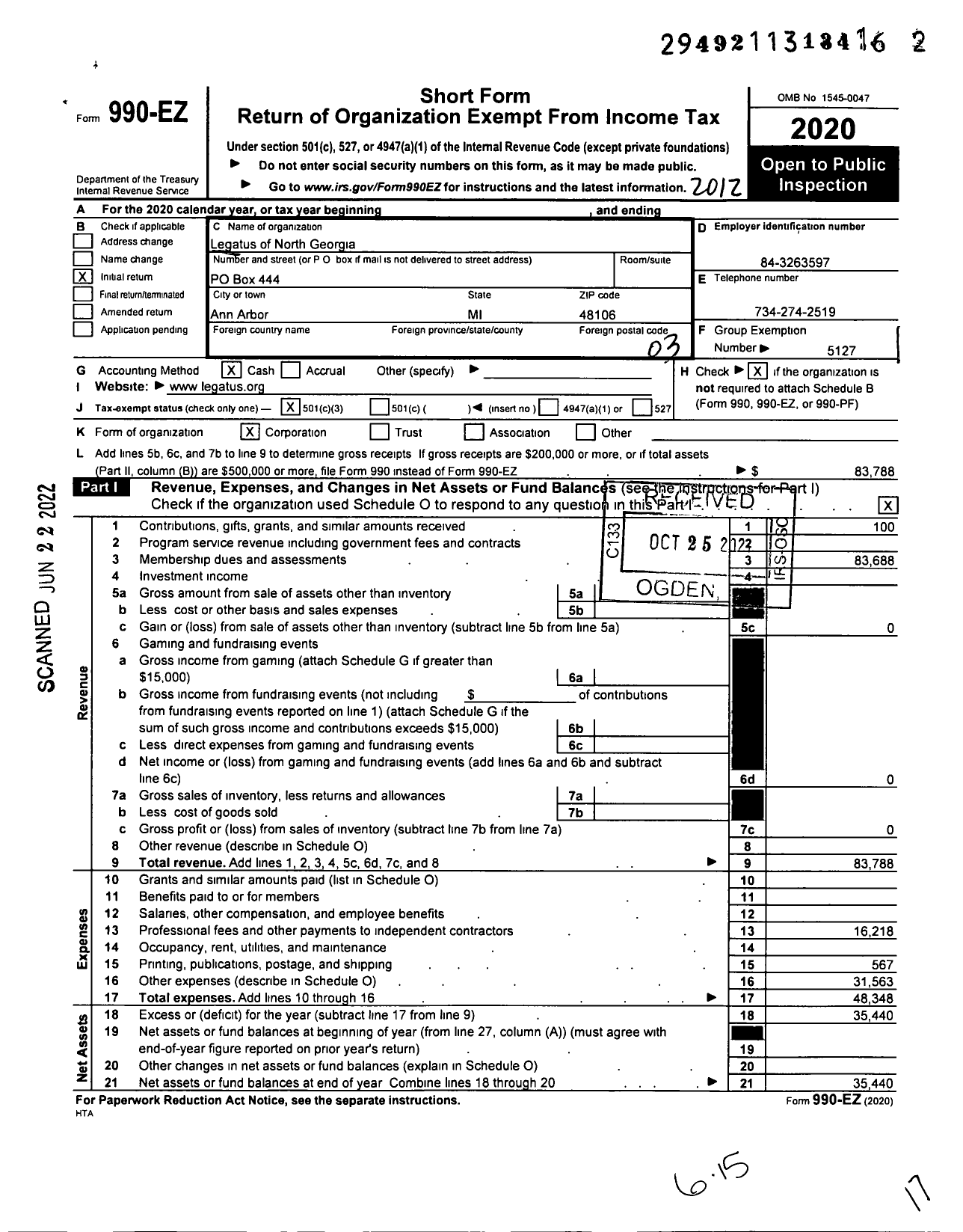 Image of first page of 2020 Form 990EZ for Legatus of North Atlanta