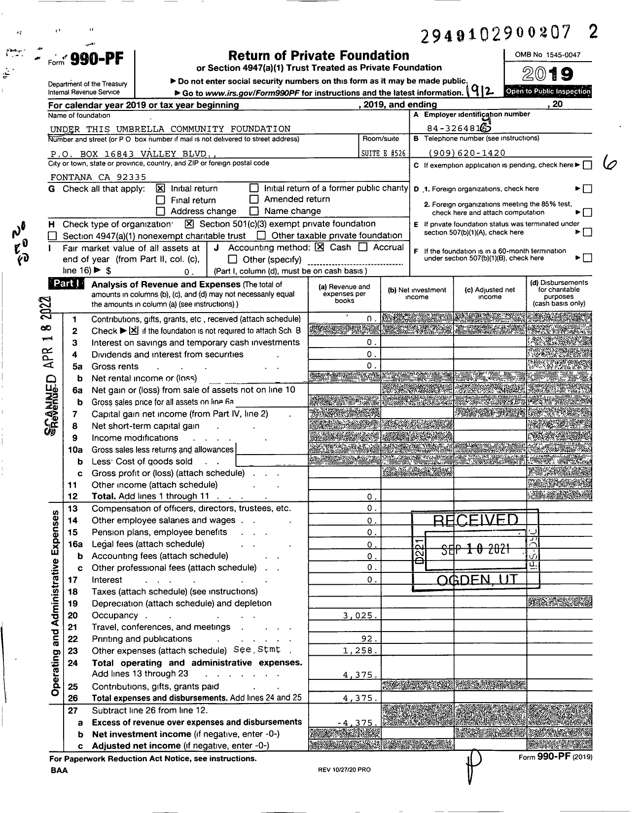 Image of first page of 2019 Form 990PF for Under This Umbrella Community Foundation