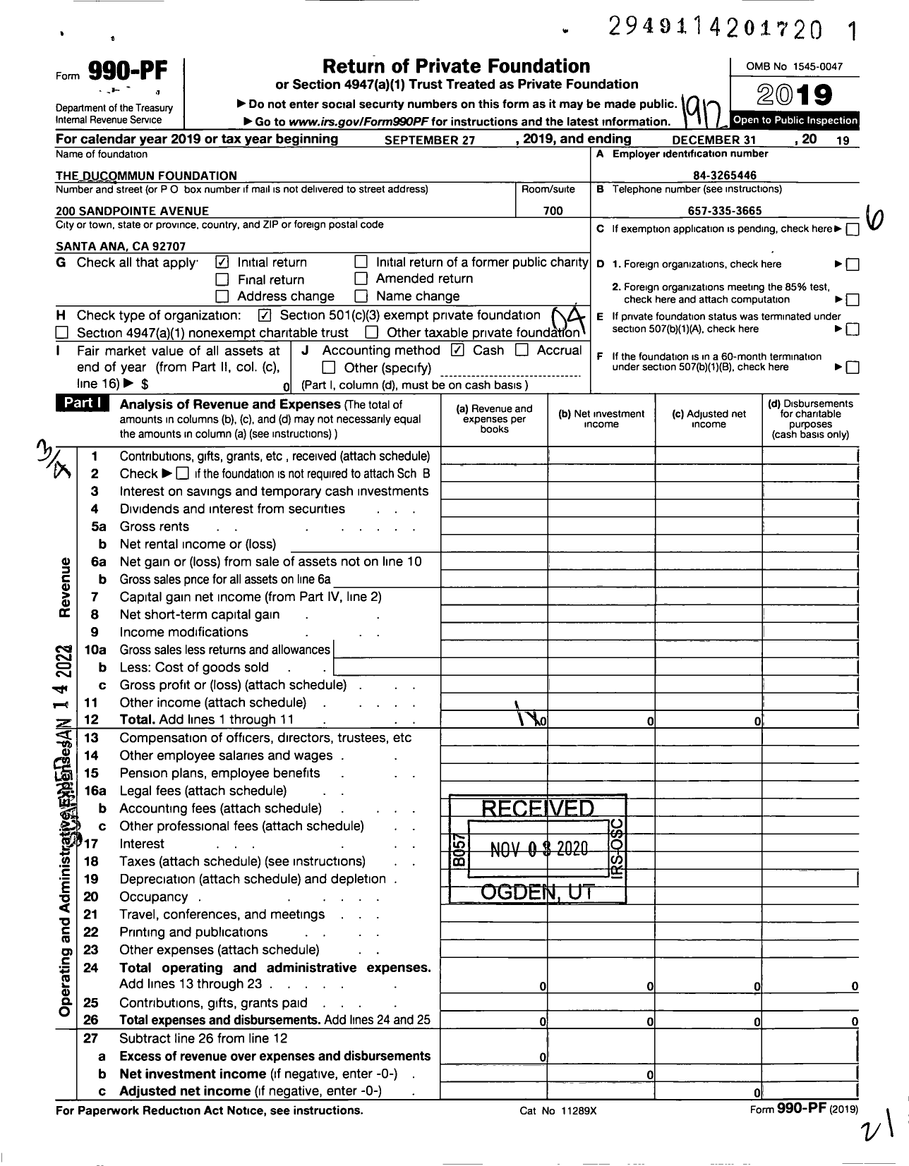 Image of first page of 2019 Form 990PF for The Ducommun Foundation