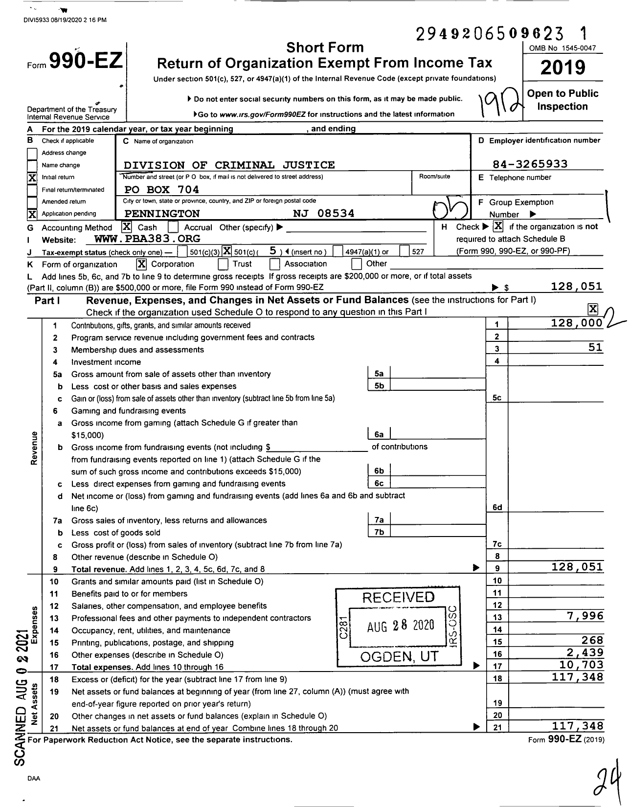 Image of first page of 2019 Form 990EO for Division of Criminal Justice