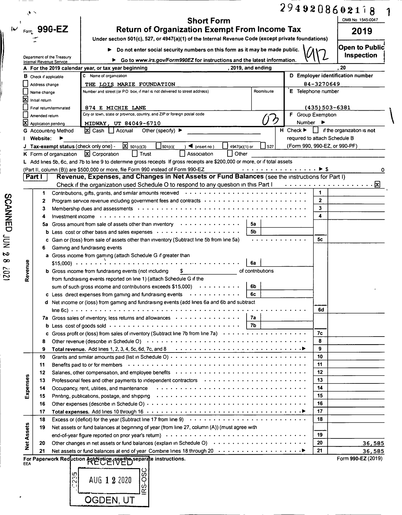 Image of first page of 2019 Form 990EZ for The Lois Marie Foundation