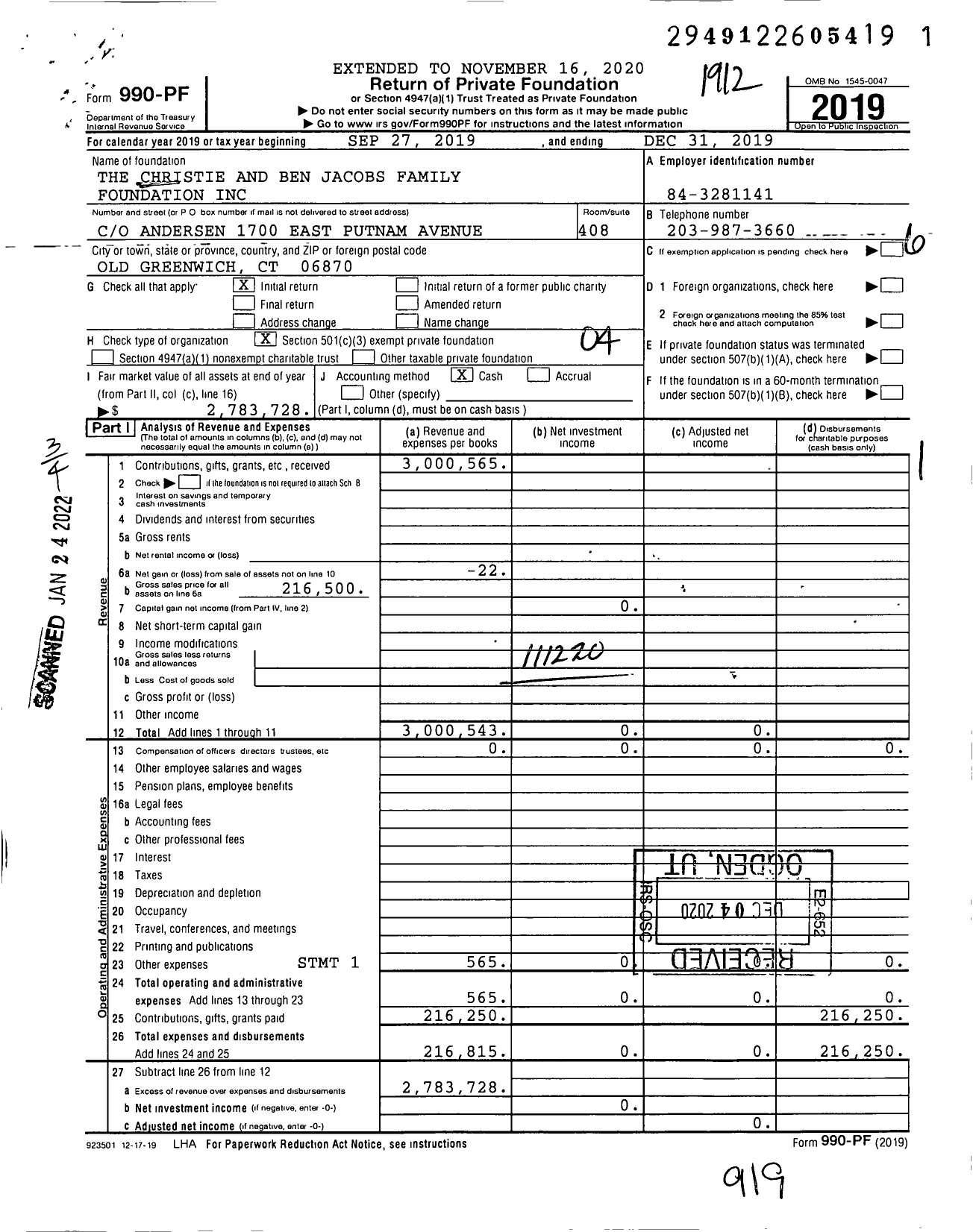 Image of first page of 2019 Form 990PF for The Christie and Ben Jacobs Family Foundation