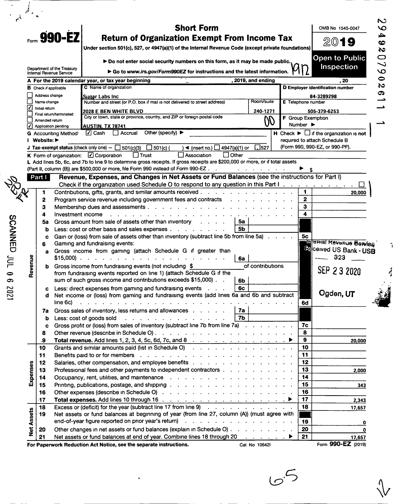 Image of first page of 2019 Form 990EO for Sugar Labs