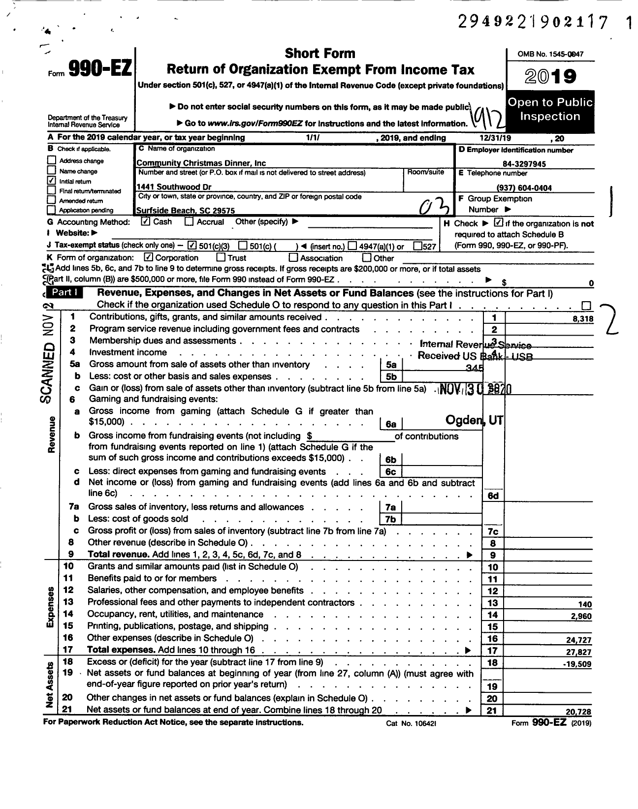 Image of first page of 2019 Form 990EZ for Community Christmas Dinner