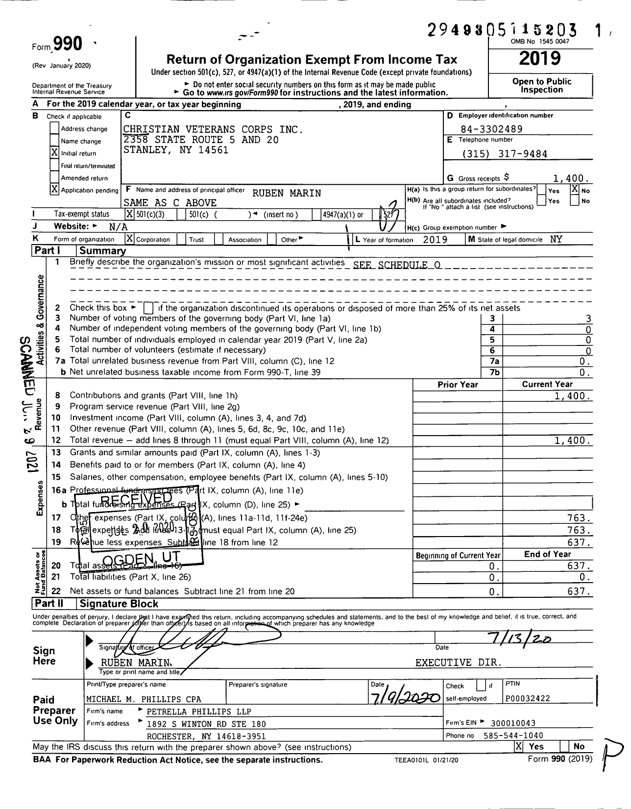 Image of first page of 2019 Form 990 for Christian Veterans Corps