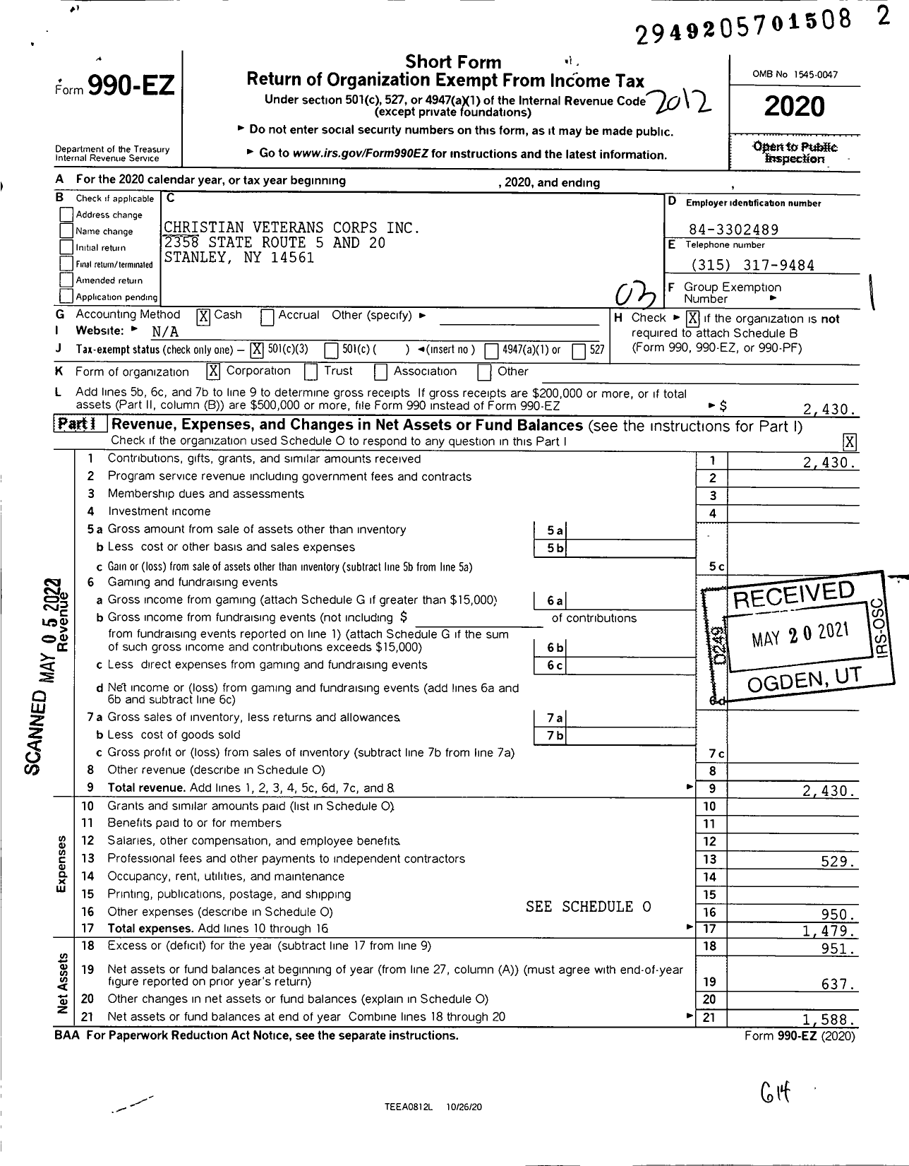 Image of first page of 2020 Form 990EZ for Christian Veterans Corps