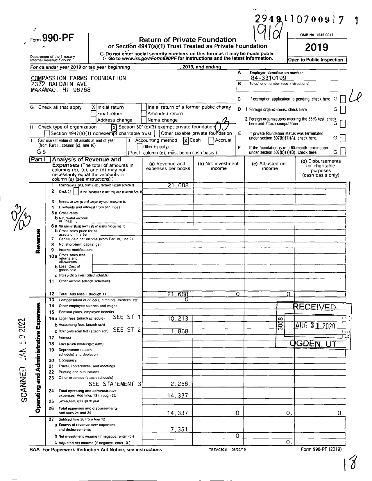 Image of first page of 2019 Form 990PF for Compassion Farms Foundation