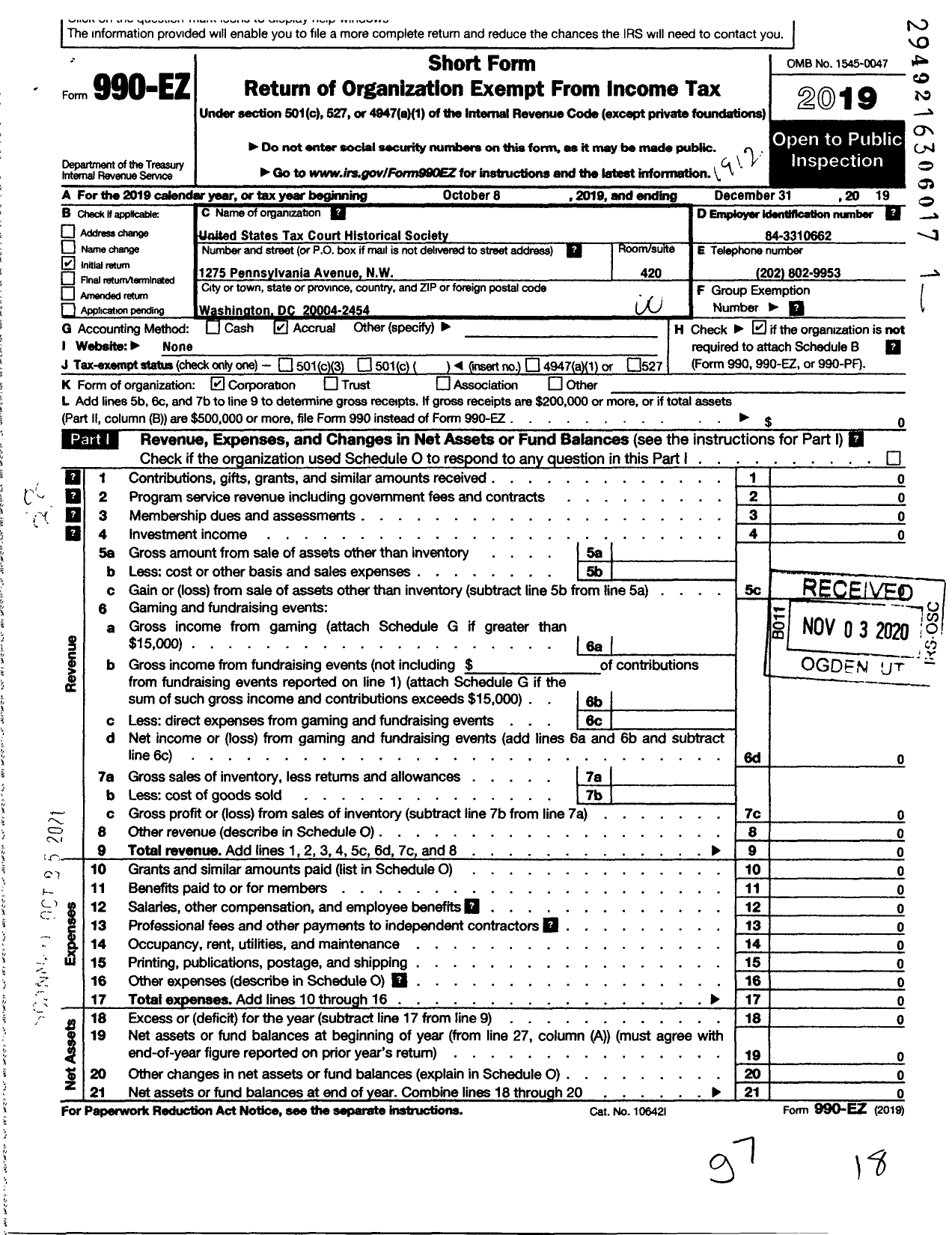 Image of first page of 2019 Form 990EO for United States Tax Court Historical Society