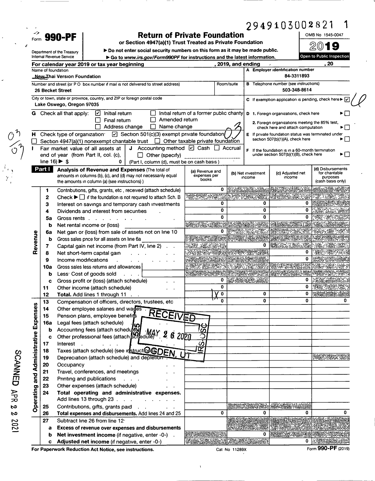 Image of first page of 2019 Form 990PF for New Thai Version Foundation