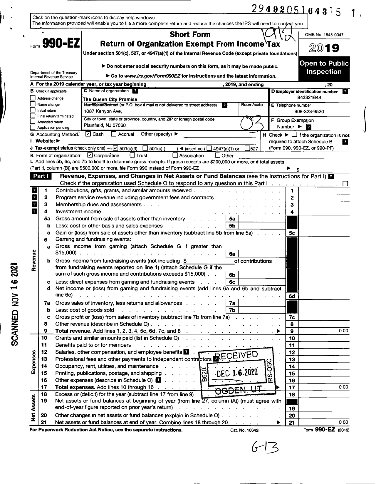 Image of first page of 2019 Form 990EZ for Queen City Promise
