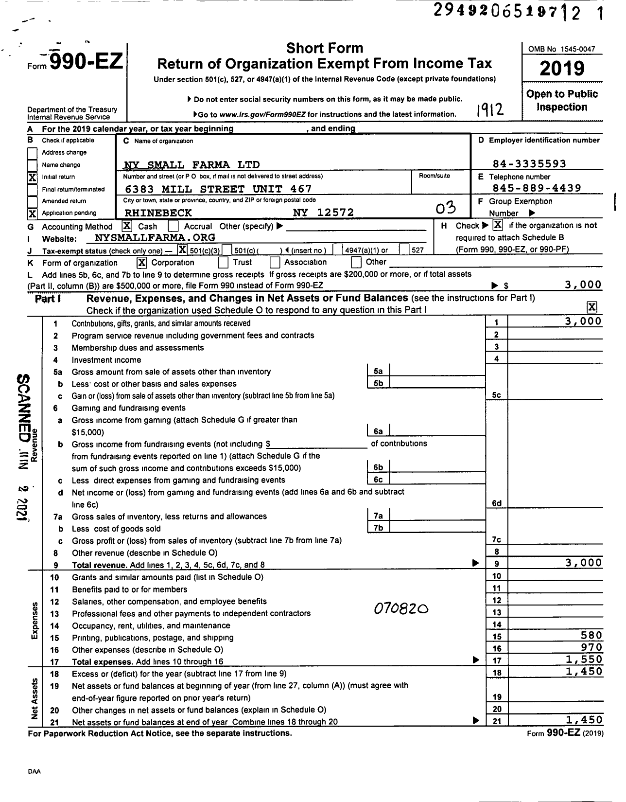 Image of first page of 2019 Form 990EZ for Ny Small Farma