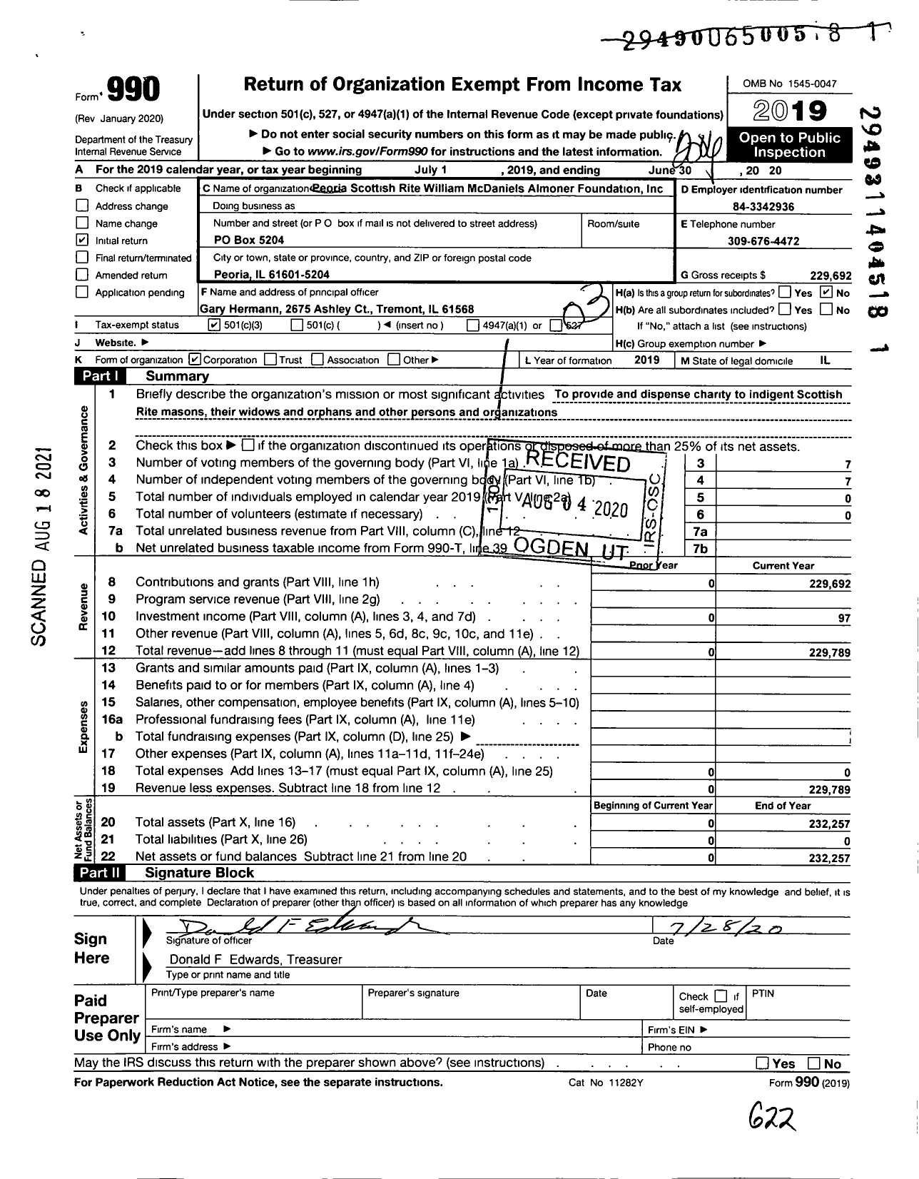 Image of first page of 2019 Form 990 for Peoria Scottish Rite William Mcdaniels Almoner Foundation