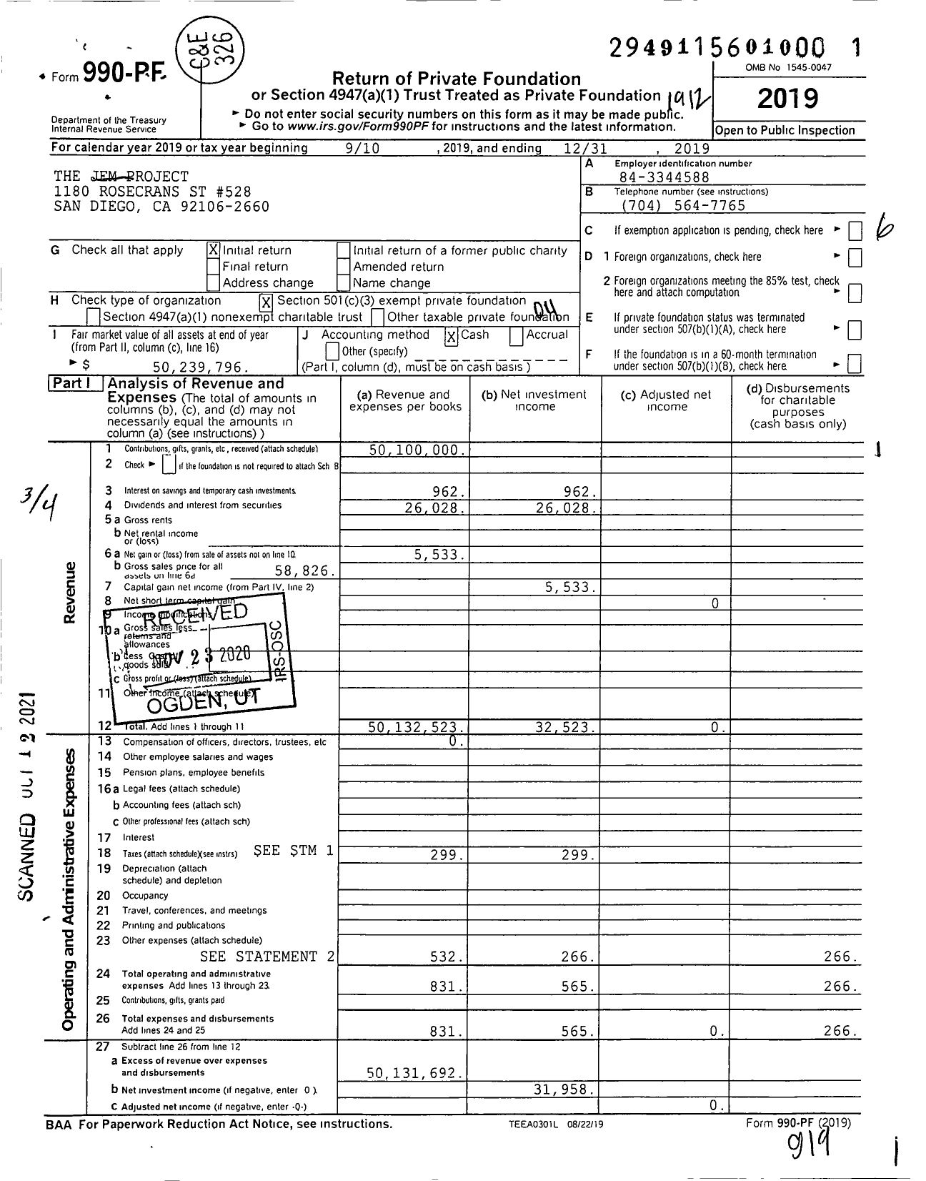 Image of first page of 2019 Form 990PF for The Jem Project