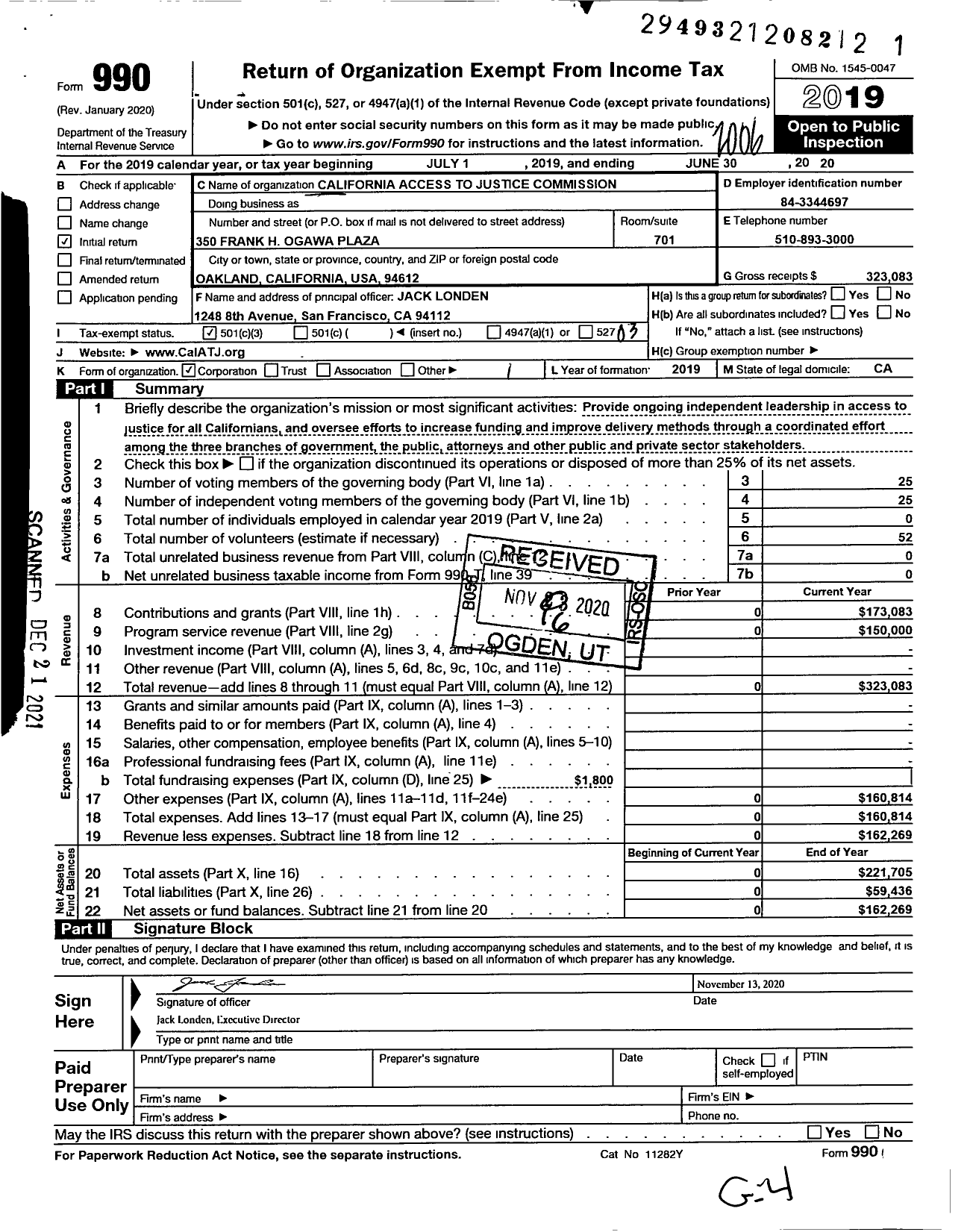 Image of first page of 2019 Form 990 for California Access to Justice Commission