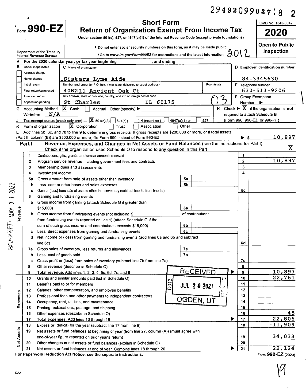 Image of first page of 2020 Form 990EZ for Sisters Lyme Aide