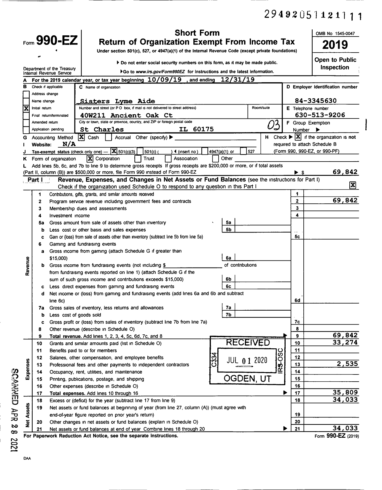 Image of first page of 2019 Form 990EZ for Sisters Lyme Aide