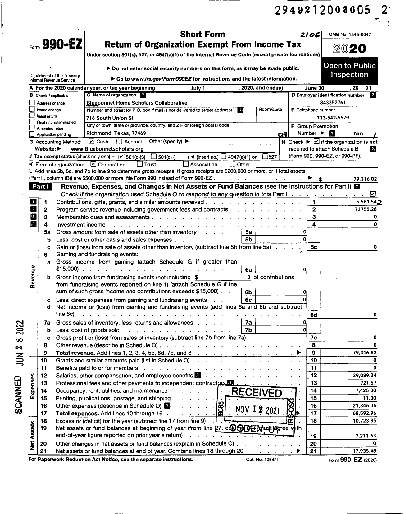 Image of first page of 2020 Form 990EZ for Bluebonnet Home Scholars Collaborative