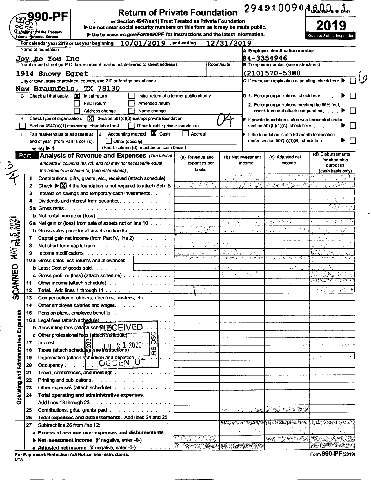 Image of first page of 2019 Form 990PF for Joy to You