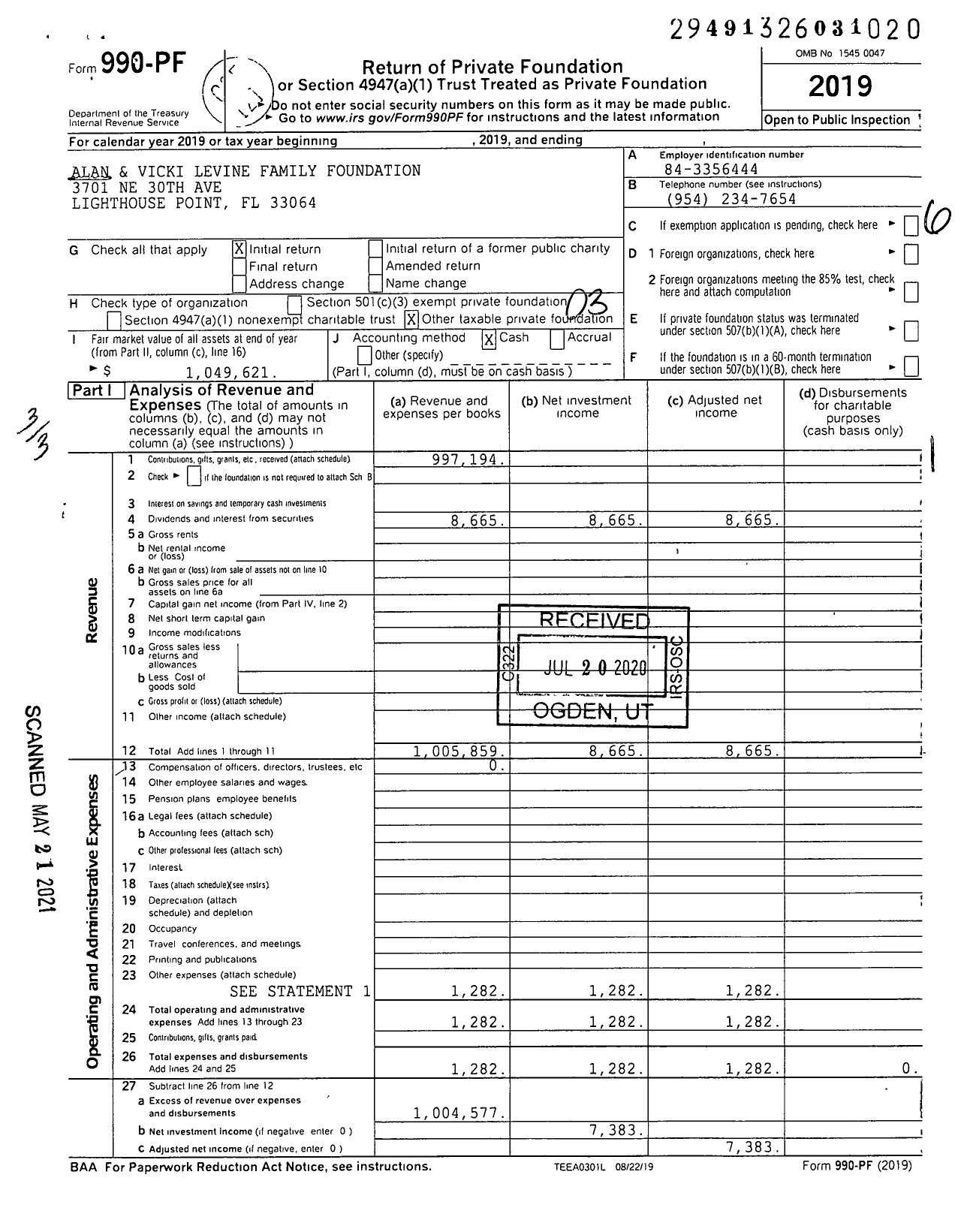 Image of first page of 2019 Form 990PF for Alan and Vicki Levine Family Foundation