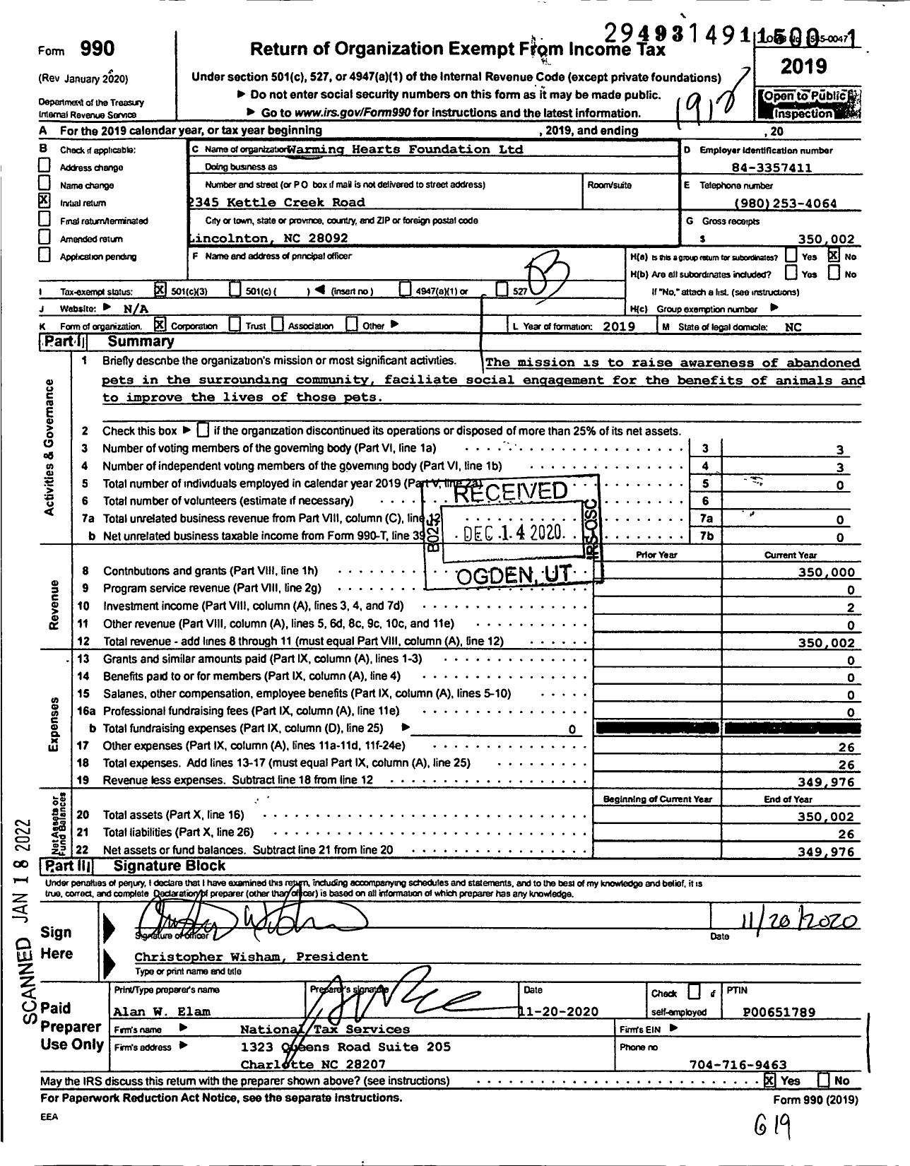 Image of first page of 2019 Form 990 for Warming Hearts Foundation