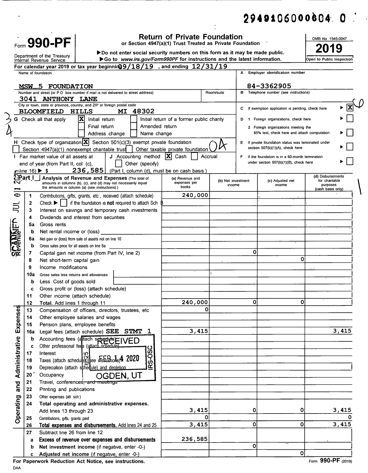 Image of first page of 2019 Form 990PR for MSW 5 Foundation