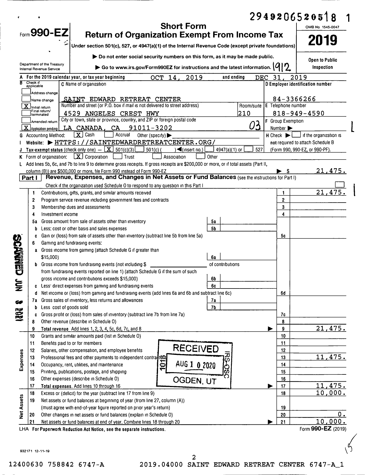 Image of first page of 2019 Form 990EZ for Saint Edward Retreat Center