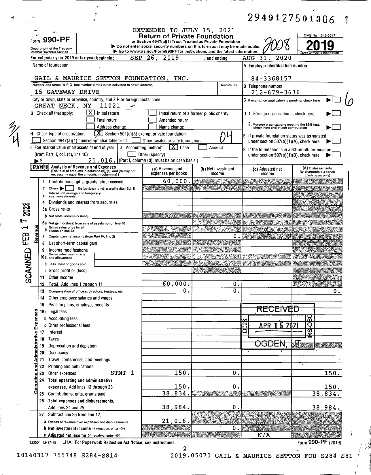 Image of first page of 2019 Form 990PF for Gail and Maurice Setton Foundation