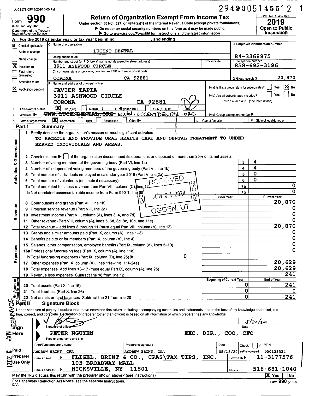 Image of first page of 2019 Form 990 for Lucent Dental