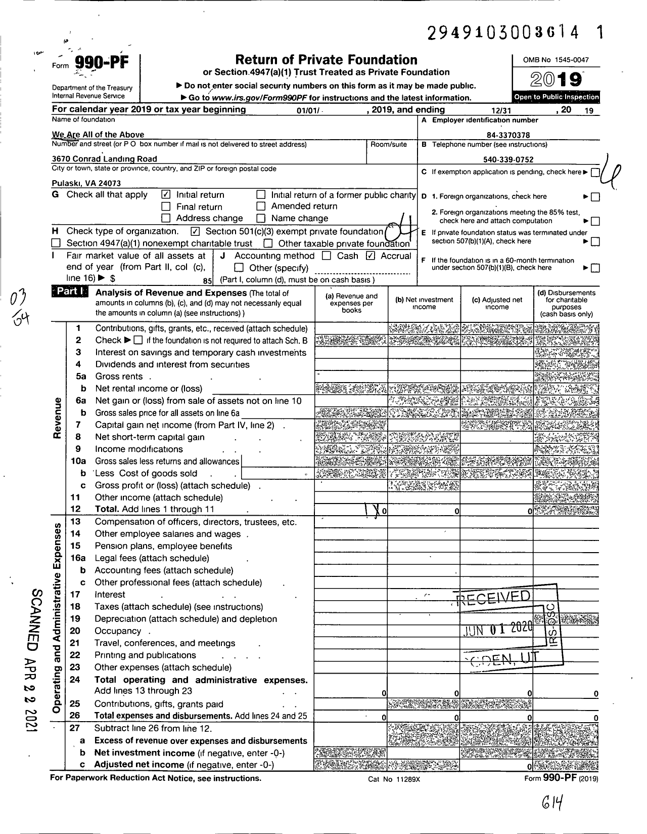 Image of first page of 2019 Form 990PF for We Are All of the Above