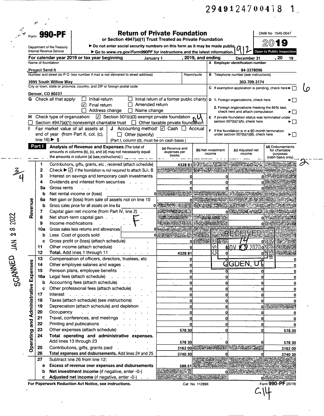 Image of first page of 2019 Form 990PF for Project Send It