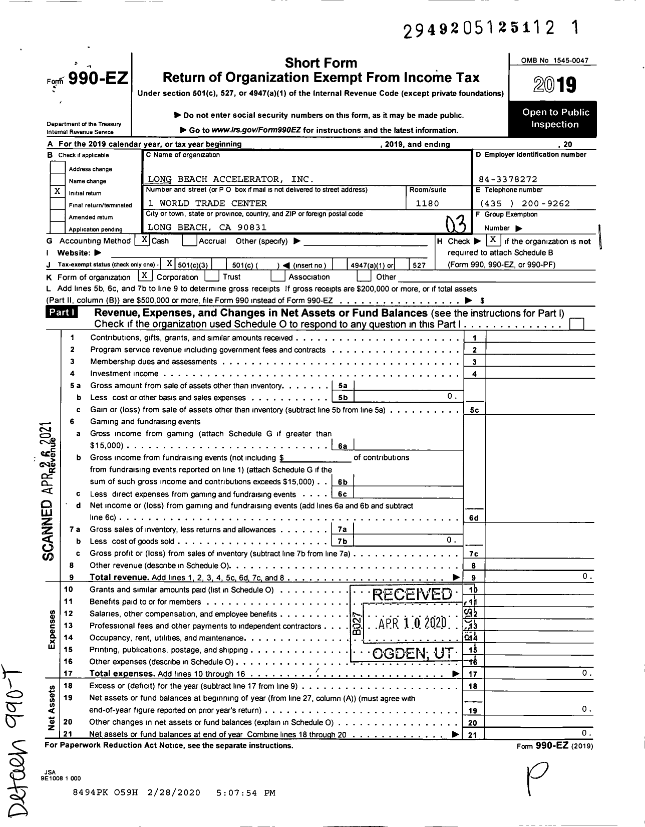 Image of first page of 2019 Form 990EZ for Long Beach Accelerator