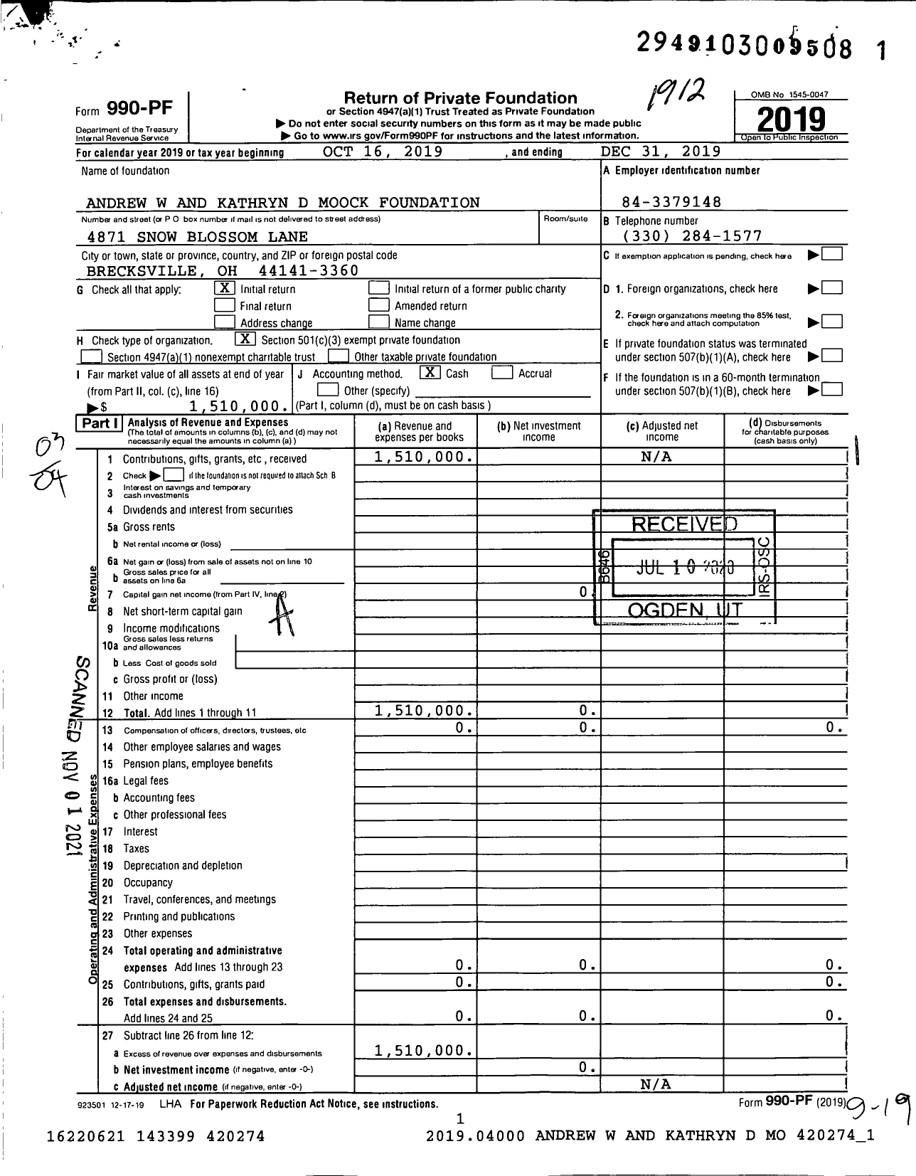 Image of first page of 2019 Form 990PF for Andrew W and Kathryn D Moock Foundation