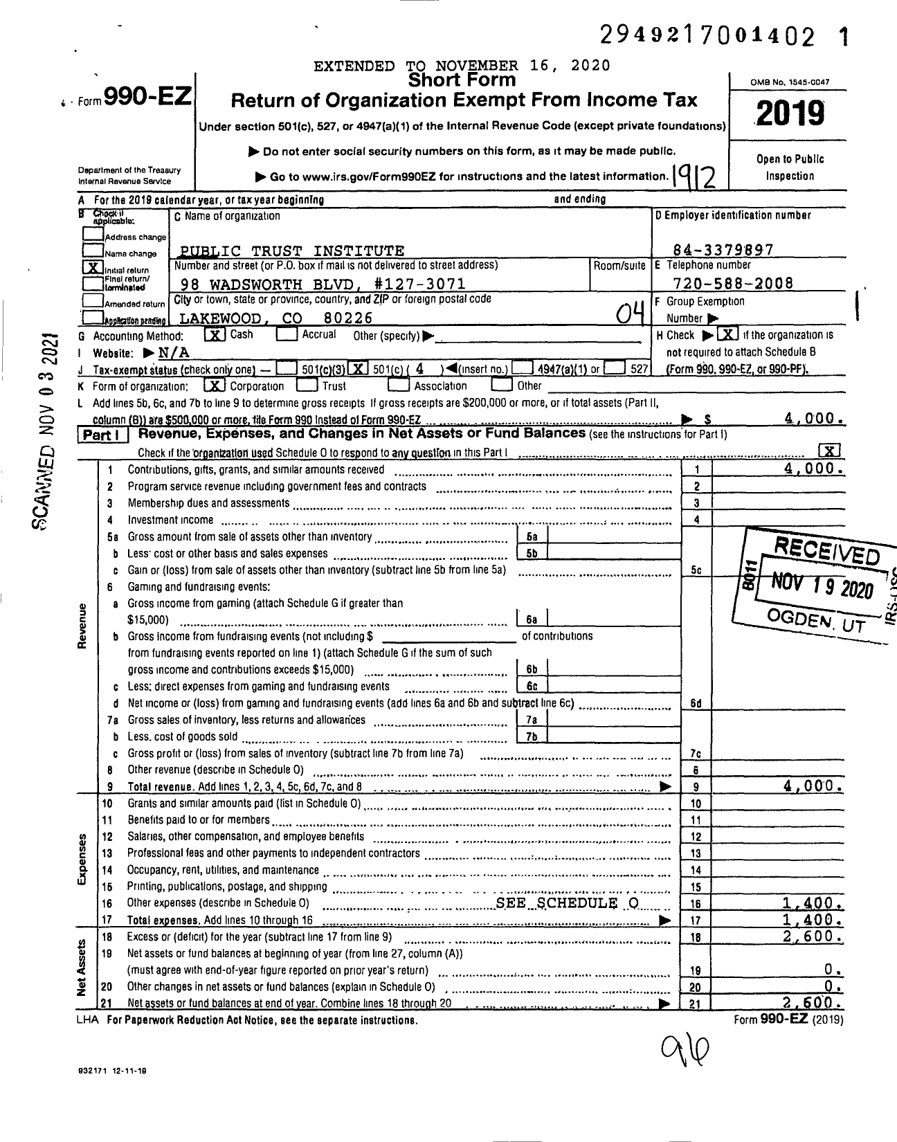 Image of first page of 2019 Form 990EO for Public Trust Institute