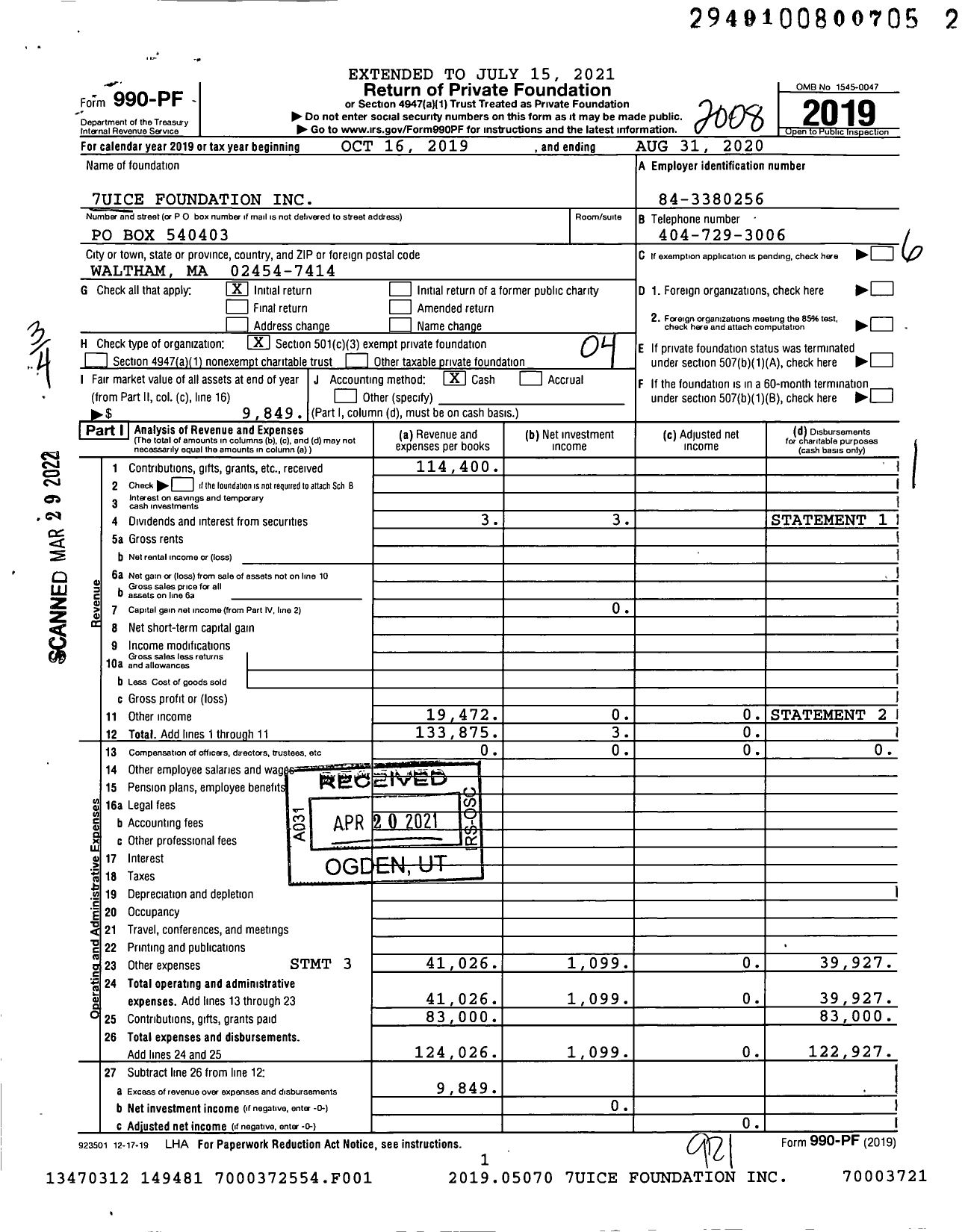 Image of first page of 2019 Form 990PF for The 7uice Foundation