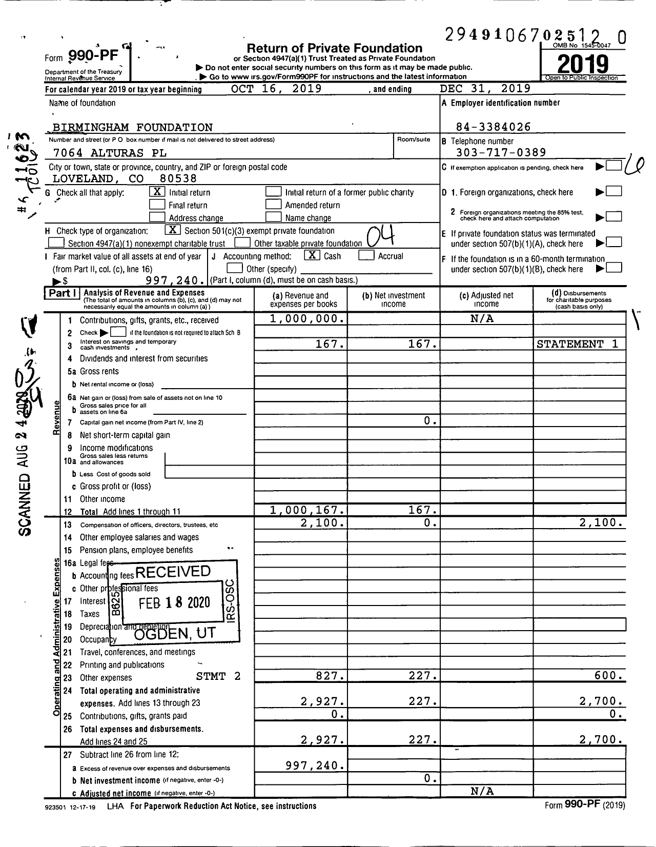 Image of first page of 2019 Form 990PR for Birmingham Foundation