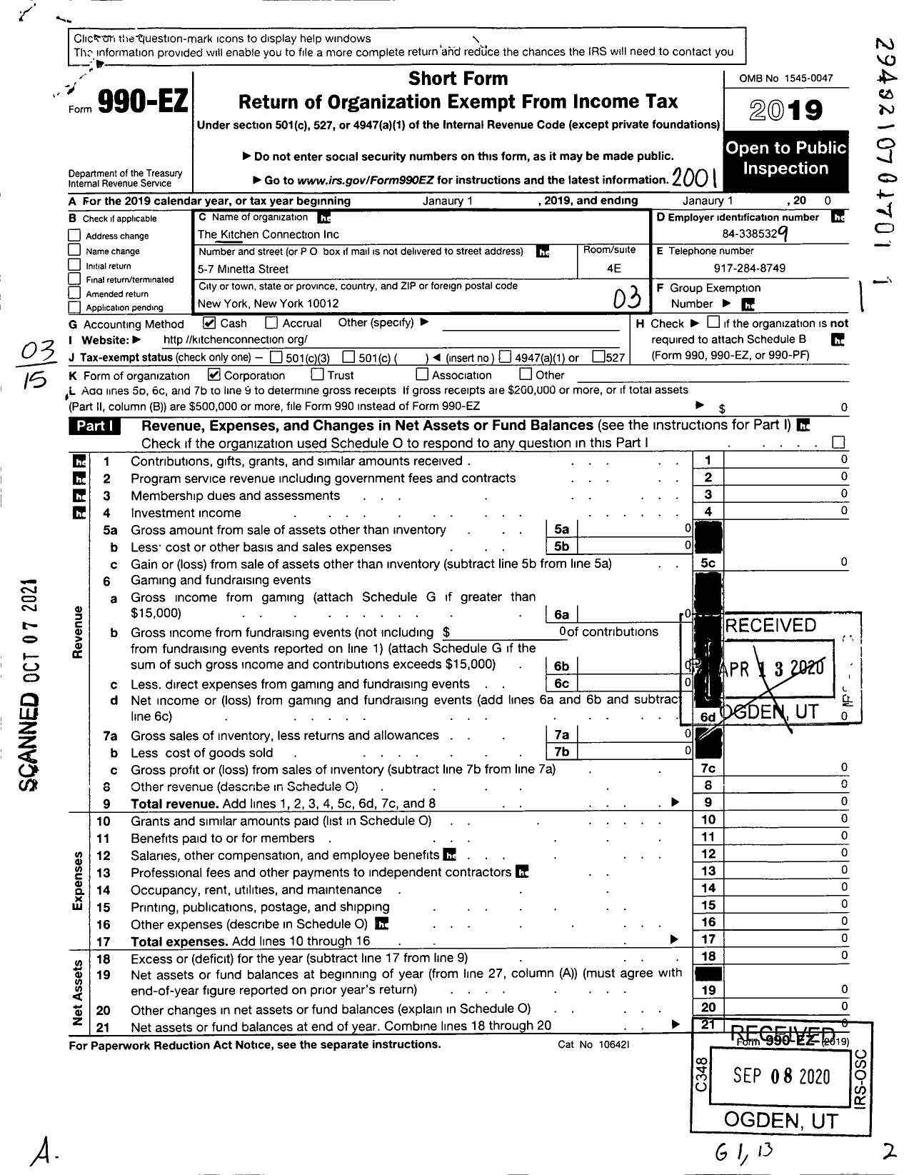 Image of first page of 2019 Form 990EZ for The Kitchen Connection