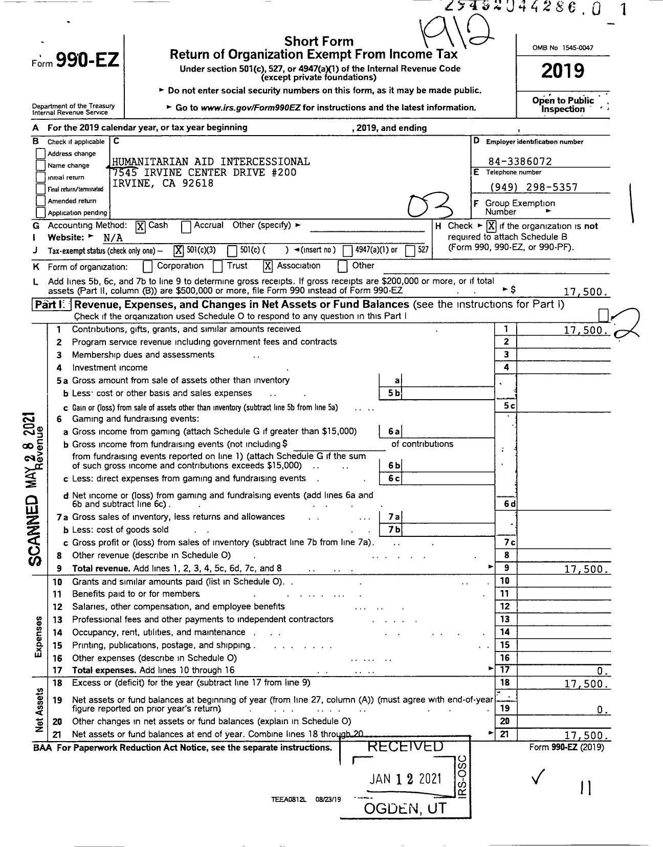 Image of first page of 2019 Form 990EZ for Humanitarian Aid Intercessional